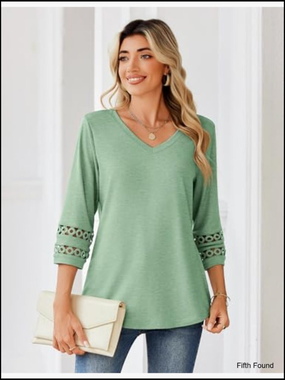 V-Neck 3/4 Sleeve Blouse with Eyelet Lace, Polyester Spandex, Work Casual Top - Picture 3 of 6